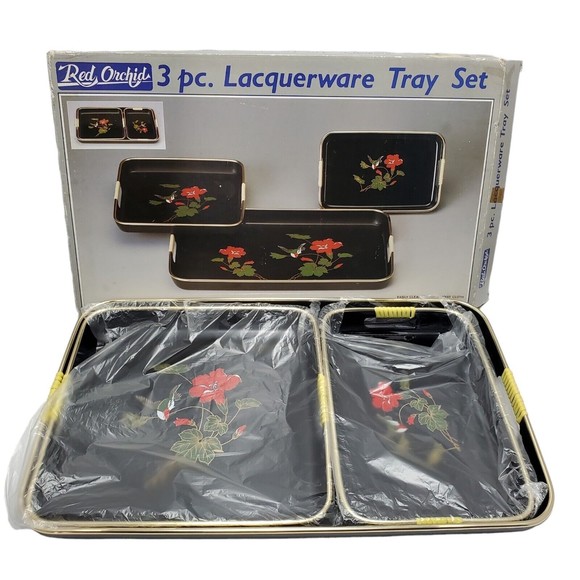 Vintage Red Orchid Lacquerware Nesting Tray Set Hibiscus And Hummingbird Motif - Picture 1 of 12